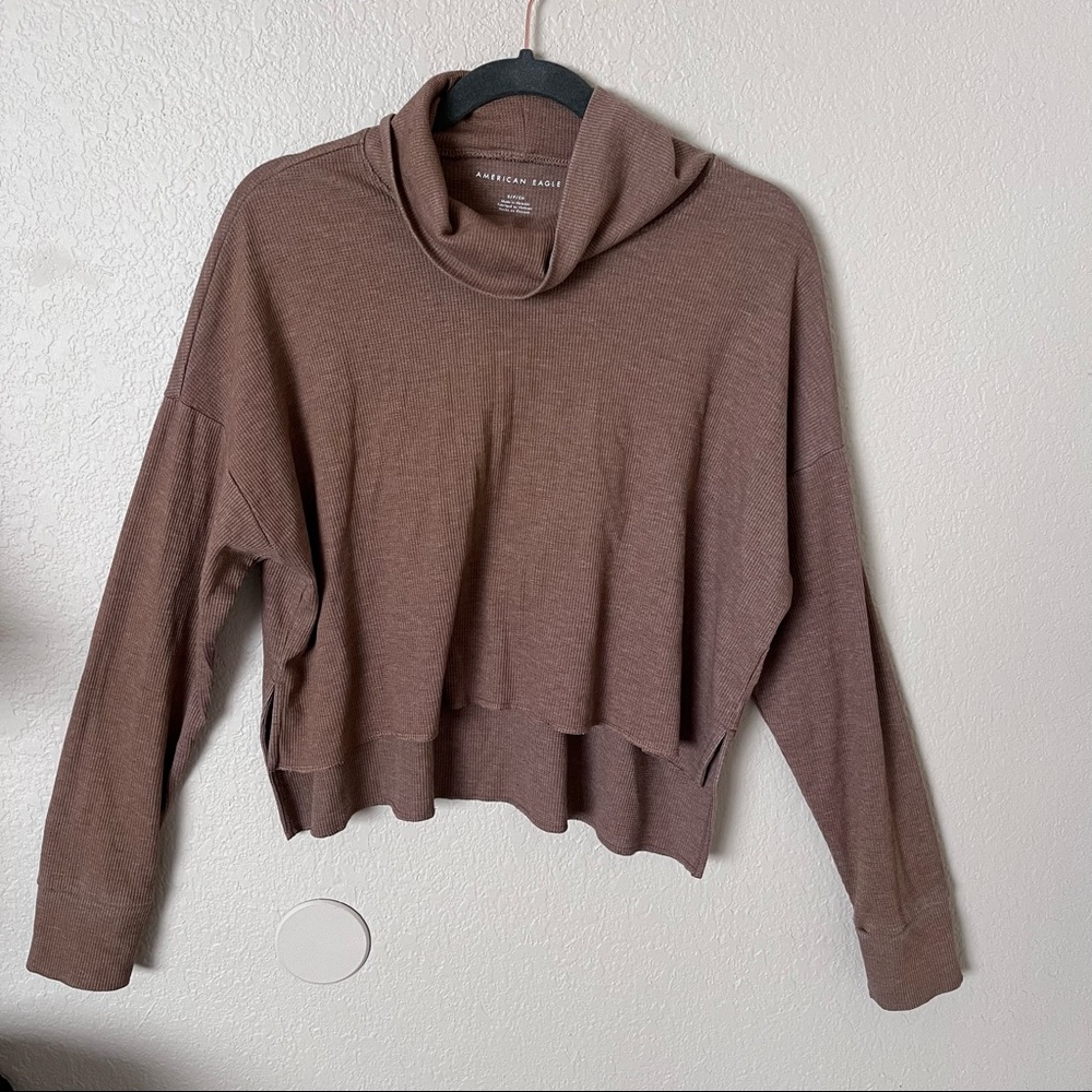 American Eagle tan cropped cowl neck sweater, small